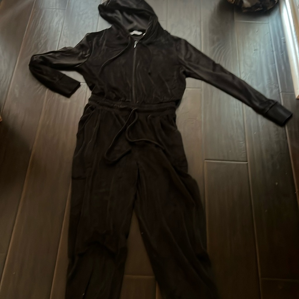 LounGy by Guiliana Rancic Stretch Velour Hooded Jogger Jumpsuit